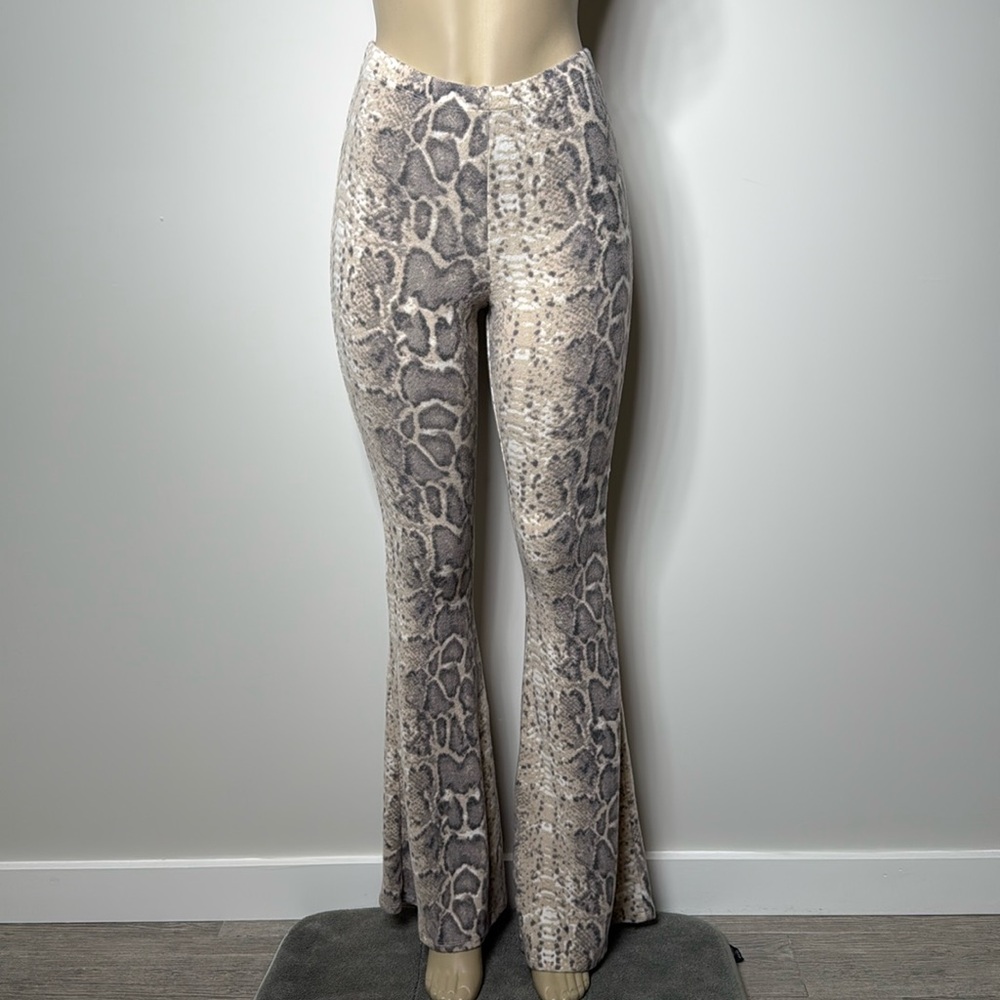 AKIRA Snake Print Boot Cut Pants in Beige and Gray